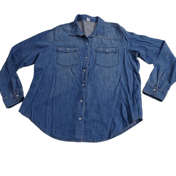 Old Navy Denim Chambray Western Pearl Snap Shirt Women Size L Long Sleeve - Picture 1 of 12